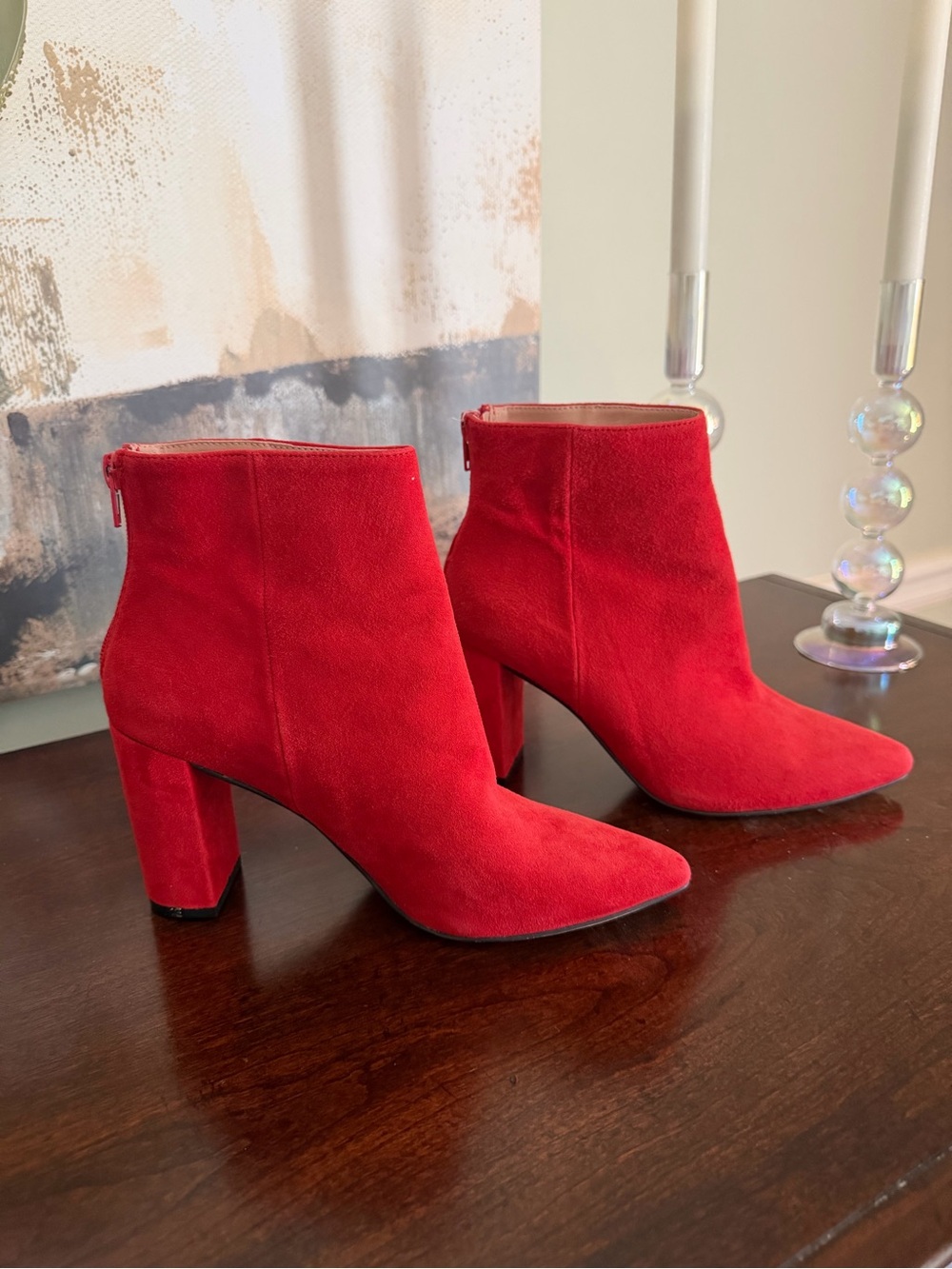 Chelsea & Violet Red Suede Block Heel Ankle Boots
